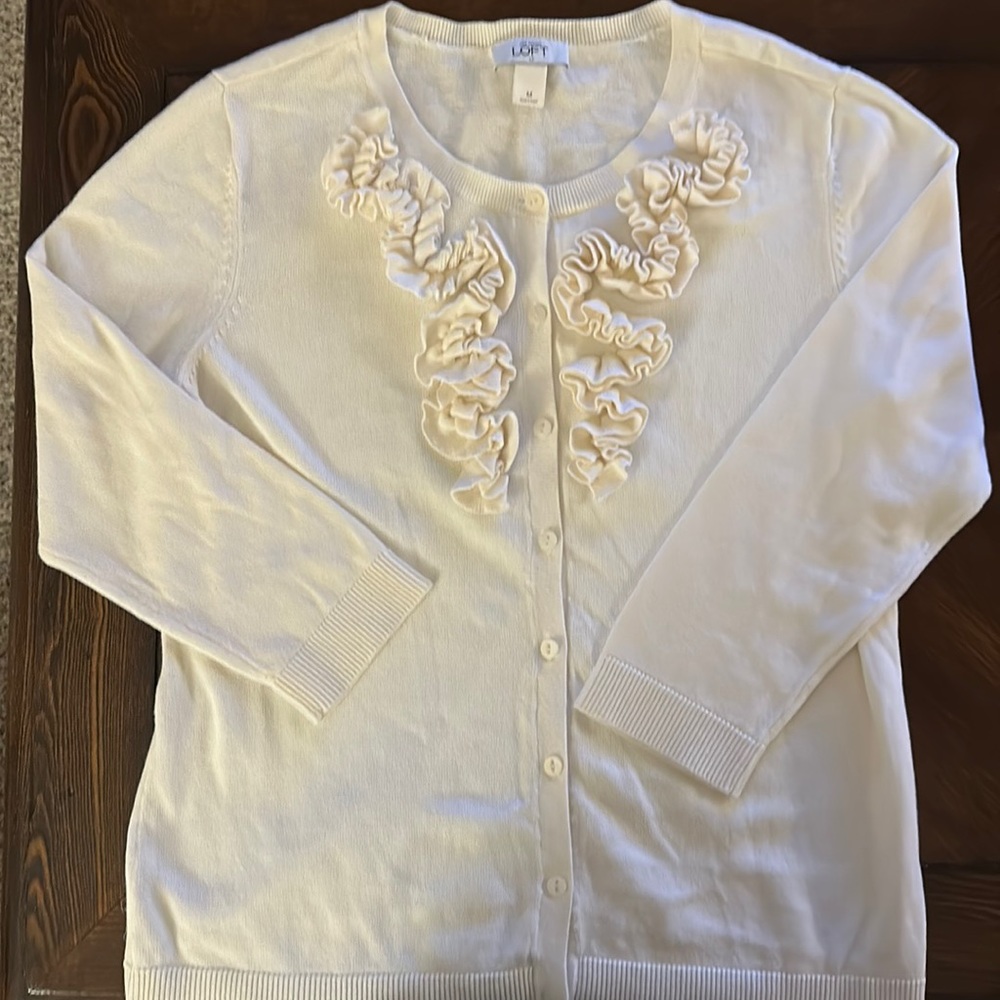 Ann Taylor LOFT Ivory Cream Ruffle Cardigan. Button up with ruffles. Size Medium
